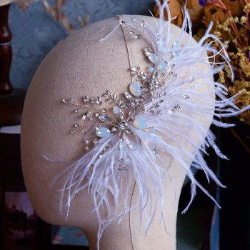 White Feather Alloy Hairband With Diamond and Opal Crystal Embellishments